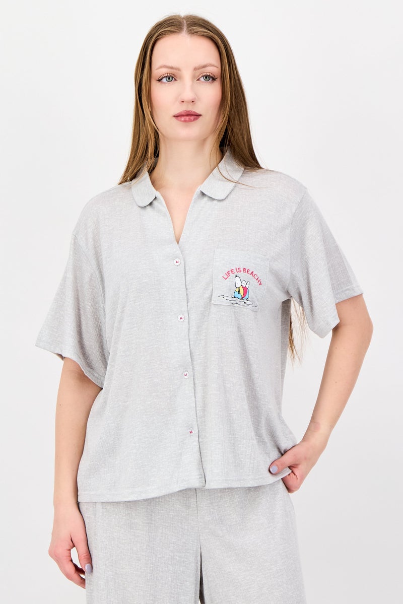 Peanuts Women 2Pcs Embroidered Pajama Top And Bottom Set, Grey - Image 3